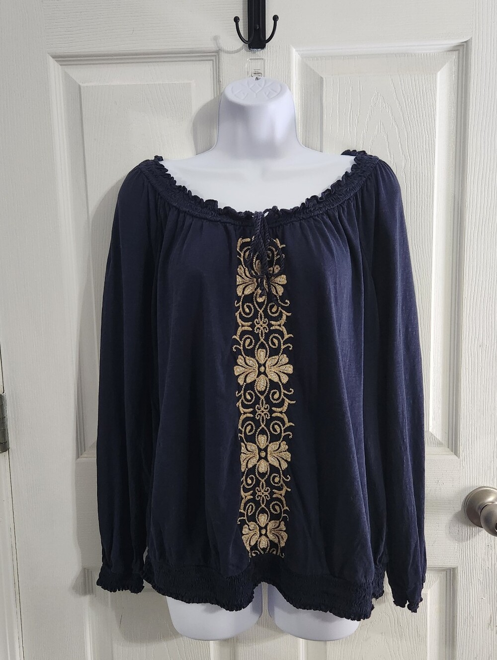Blue embroidered long sleeve cotton blouse cottagecore regencycore PXL boho